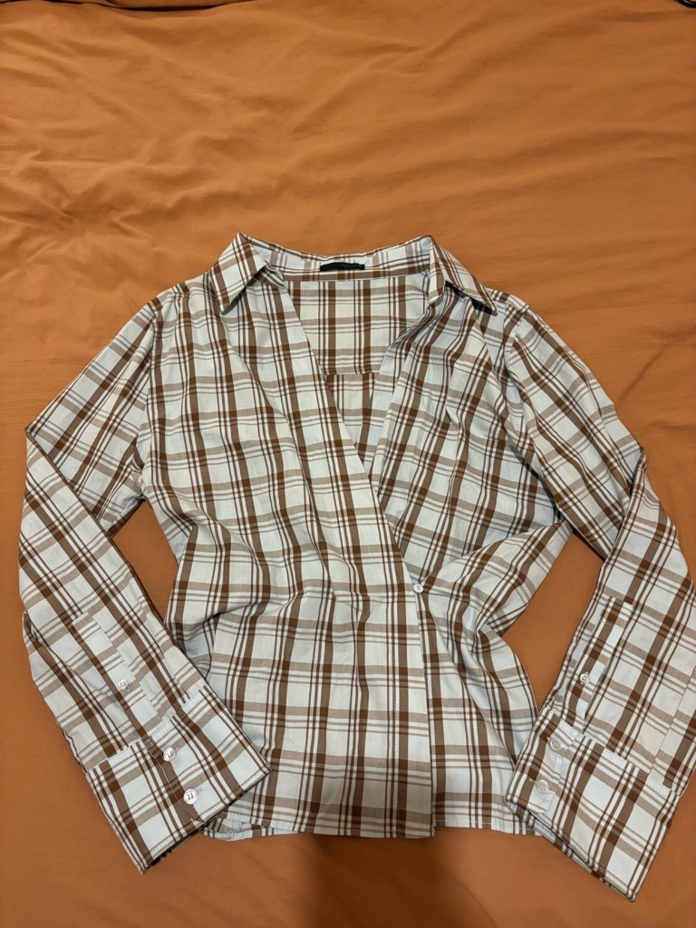 Zara Brown and blue Plaid waist tie shirt